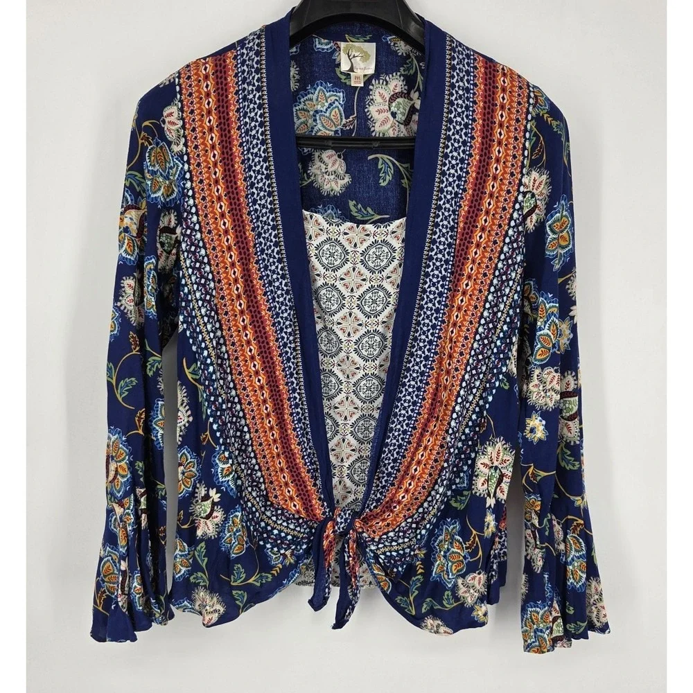 Fig‎ & Flower Womens Medium Sheer Paisley Floral Boho Peasant Tie Front Blouse